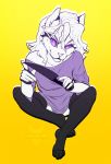  anthro breasts catherinemeow clothed clothing felid feline female fur gloves hair handwear hi_res holding_object holding_weapon knife legwear mammal purple_eyes simple_background smile solo stockings weapon white_body white_fur white_hair 