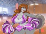  anthro big_breasts bottomwear breasts brown_hair cheerleader cleavage clothed clothing female gymnasium hair long_hair mammal mastergodai mouse murid murine panties pom_poms rodent shirt skirt smile solo tank_top topwear underwear 