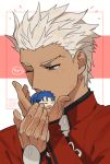  1boy archer cropped_shoulders cu_chulainn_(fate)_(all) dark_skin dark_skinned_male fate/grand_order fate/stay_night fate_(series) g0ringo grey_eyes holding kiss lancer male_focus muscle one_eye_closed short_hair stuffed_toy upper_body white_hair 