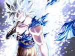  1boy aura clenched_hands closed_mouth dougi dragon_ball dragon_ball_super highres looking_at_viewer male_focus mattari_illust muscle silver_eyes silver_hair smile solo son_gokuu spiked_hair standing torn_clothes ultra_instinct 