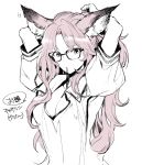  1girl animal_ears arms_up bangs breasts catherine_(granblue_fantasy) cleavage erune eyelashes glasses granblue_fantasy hair_ornament_removed hair_tie hair_tie_in_mouth kazunon long_hair looking_at_viewer mouth_hold pink_hair short_sleeves simple_background solo speech_bubble spot_color tying_hair upper_body white_background 