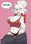  alternate_species anthro big_breasts bovid breasts caprine clothed clothing female fur goat helltaker hi_res lucifer_(helltaker) mammal panties pants_down partially_clothed shirt solo tagme toonarscontent topwear underwear white_body white_fur wide_hips 