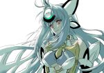  1girl android bare_shoulders blue_hair breasts forehead_protector kos-mos kos-mos_ver._4 large_breasts long_hair oto_nagi red_eyes simple_background solo upper_body white_background xenosaga 