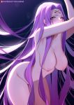  1girl armpits arms_up bangs blush breasts collarbone facial_mark fate/stay_night fate_(series) forehead forehead_mark gradient gradient_background large_breasts leaning_forward long_hair looking_at_viewer nipples nude parted_bangs purple_eyes purple_hair rider sidelocks thighs tofuubear very_long_hair 
