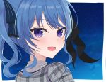  1girl bangs blue_eyes blue_hair blush border bow commentary_request eyebrows_visible_through_hair hair_between_eyes hair_bow highres hololive hoshimachi_suisei looking_at_viewer looking_back medium_hair open_mouth plaid_jacket ponytail sidelocks sky solo star_(sky) starry_sky swept_bangs umikotatsu virtual_youtuber 