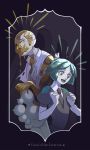  2others copyright_name crack damaged dripping dual_persona green_eyes green_hair grey_eyes highres houseki_no_kuni melting multiple_others necktie object_on_head omadoe open_mouth phosphophyllite pointy_ears puffy_short_sleeves puffy_sleeves seed short_hair short_sleeves spoilers torn_clothes 