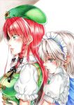  2girls absurdres beret black_neckwear blue_eyes blush bow braid colored_pencil_(medium) earrings eyebrows_visible_through_hair eyelashes frilled_shirt_collar frilled_sleeves frills from_side green_eyes hair_bow hat highres hong_meiling hug hug_from_behind huge_filesize izayoi_sakuya jewelry long_hair maid maid_headdress multiple_girls neck_ribbon nora_wanko parted_lips puffy_short_sleeves puffy_sleeves red_hair ribbon short_hair short_sleeves side_braid silver_hair star_(symbol) stud_earrings touhou traditional_media twin_braids upper_body yuri 