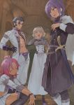  2boys 2girls balthus_(fire_emblem) belt black_hair blonde_hair blue_eyes blue_hairband boots closed_eyes closed_mouth constance_von_nuvelle fire_emblem fire_emblem:_three_houses garreg_mach_monastery_uniform grin hairband hapi_(fire_emblem) highres long_sleeves multicolored_hair multiple_boys multiple_girls open_mouth purple_eyes purple_hair red_hair scabbard sheath sheathed short_hair smile soto squatting sword uniform weapon yuri_(fire_emblem) 