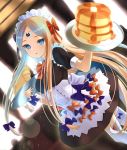  1girl abigail_williams_(fate/grand_order) alternate_costume bangs black_bow black_dress blonde_hair blue_eyes blush bow breasts corset dress enmaided fate/grand_order fate_(series) food forehead hair_bow highres inari_(ambercrown) long_hair looking_at_viewer maid maid_headdress multiple_bows open_mouth orange_bow pancake parted_bangs plate polka_dot polka_dot_bow small_breasts sticker thighhighs thighs underbust white_legwear 