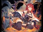  1girl arknights armband bangs bare_shoulders black_dress black_legwear breasts chest_belt cleavage dress fire hair_between_eyes highres horns long_hair long_sleeves looking_at_viewer medium_breasts off_shoulder purple_eyes red_hair samo_(shichun_samo) solo surtr_(arknights) thighhighs very_long_hair 