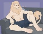  abs anthro barefoot bottomwear bulge clothed clothing felid feline fur furniture lion male mammal muscular muscular_anthro muscular_male nipples pantherine purple_eyes rain(character) shorts sitting sitting_on_couch sofa solo spottymichi tattoo topless white_body white_fur 