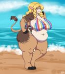  anthro beach big_breasts bikini bovid bovine breasts cattle clothing eyewear female glasses hair hi_res huge_breasts mammal overweight overweight_anthro overweight_female rileyomalley seaside solo swimwear 