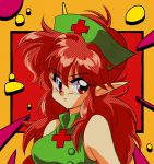  1990s_(style) 1girl araizumi_rui_(style) character_request dynamite_nurse hat highres long_hair looking_to_the_side nurse nurse_cap pointy_ears potiri02 red_eyes red_hair solo 