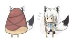  1girl absurdres ahoge animal_ears blue_neckwear braid commentary_request detached_sleeves earrings eyebrows_visible_through_hair fox_ears fox_girl fox_tail hair_between_eyes highres hololive jewelry long_hair neckerchief notice_lines oruyanke_(shirakami_fubuki) shirakami_fubuki short_shorts shorts simple_background single_braid stilts tail tonogai_yoshiki virtual_youtuber white_background white_hair white_hoodie |_| 
