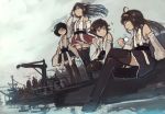  4girls ahoge bare_shoulders black_footwear black_hair black_skirt boots brown_hair closed_mouth cup detached_sleeves double_bun glasses green_skirt grey_eyes hairband haruna_(kantai_collection) headgear hiei_(kantai_collection) highres holding holding_cup japanese_clothes kantai_collection kirishima_(kantai_collection) kongou_(kantai_collection) long_hair mifuru multiple_girls nontraditional_miko pleated_skirt red_skirt ribbon-trimmed_sleeves ribbon_trim short_hair sitting skirt smile sparkle standing thigh_boots thighhighs wide_sleeves 