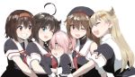  5girls ahoge asymmetrical_clothes black_gloves black_hair black_headwear black_serafuku blonde_hair blue_eyes braid brown_eyes brown_hair chagen_kokimu closed_eyes commentary_request fingerless_gloves girl_sandwich gloves grin hair_flaps hairband harusame_(kantai_collection) hug kantai_collection long_hair multiple_girls murasame_(kantai_collection) neckerchief one_eye_closed orange_hairband pink_hair red_eyes red_neckwear remodel_(kantai_collection) sailor_collar sandwiched school_uniform serafuku shigure_(kantai_collection) shiratsuyu_(kantai_collection) short_hair simple_background single_braid smile two_side_up upper_body white_background white_headwear white_sailor_collar yuudachi_(kantai_collection) 