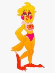  3:4 animatronic anthro avian beak bib bird blonde_hair chicken claws clothing english_text feathers female five_nights_at_freddy&#039;s five_nights_at_freddy&#039;s_2 fnaf-au-kris galliform gallus_(genus) hair hi_res looking_at_viewer machine panties phasianid pink_cheeks pose robot simple_background tail_feathers text toe_claws toy_chica_(fnaf) underwear video_games white_background yellow_body yellow_feathers 