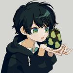  1other androgynous black_hair black_hoodie fingernails food freckles fruit green_eyes grey_background holding ka_(marukogedago) open_mouth original pear short_hair simple_background solo 