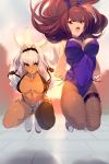  2girls animal_ears arms_behind_back bangs bikini black_bikini black_legwear blue_shorts body_markings breasts bunny_ears bunnysuit caenis_(fate) cis05 cleavage dark_skin detached_collar fake_animal_ears fate/grand_order fate_(series) fishnet_legwear fishnets green_eyes hair_between_eyes hair_intakes highleg highleg_leotard jacket jumping large_breasts leotard long_hair looking_at_another looking_to_the_side multiple_girls open_clothes open_jacket pantyhose piercing_bunny ponytail purple_hair purple_leotard red_eyes scathach_(fate)_(all) scathach_(fate/grand_order) short_shorts shorts single_thighhigh swimsuit tattoo thighhighs thighs white_hair white_jacket wrist_cuffs 