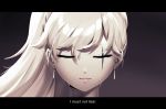  1girl absurdres close-up closed_eyes dune_(movie) earrings english_text eyebrows_visible_through_hair face highres jewelry letterboxed lips long_hair lulu-chan92 parody rwby scar scar_across_eye sepia side_ponytail silver_hair solo subtitled weiss_schnee 