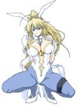  1girl animal_ears artoria_pendragon_(all) artoria_pendragon_(swimsuit_ruler)_(fate) ass_visible_through_thighs bare_shoulders blonde_hair breasts bunny_ears bunnysuit cleavage commentary_request detached_collar fate/grand_order fate_(series) full_body green_eyes hair_between_eyes high_heels highres kiriya_(aprikose_0312) large_breasts leotard long_hair looking_at_viewer navel pantyhose ponytail simple_background solo white_background 
