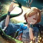  1girl arm_up armband backlighting bangs blonde_hair blue_bow blue_neckwear blue_shirt blurry_foreground bow bowtie chromatic_aberration commentary_request constricted_pupils dragon_girl dragon_horns dragon_tail earrings eyebrows_visible_through_hair eyelashes eyes_visible_through_hair fingernails floral_print flower_ornament frilled_sleeves frills glowing hand_on_own_cheek hand_on_own_face highres horns jewelry kicchou_yachie long_fingernails long_sleeves multicolored multicolored_eyes open_mouth parted_bangs parted_lips red_eyes red_nails shards sharp_fingernails shiro_1213 shirt short_hair smile solo square_neckline tail touhou turtle_shell waving yellow_eyes 