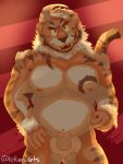  3:4 absurd_res anthro belly bodily_fluids body_hair erection felid genital_fluids happy_trail hi_res hombretigre housamo leken_(artist) male mammal musclegut pantherine pecs precum solo tiger tokyo_afterschool_summoners video_games 