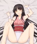  1girl adapted_costume bangs bare_legs bare_shoulders barefoot black_hair blunt_bangs blush commentary_request feet_out_of_frame hair_spread_out highleg highres houraisan_kaguya japanese_clothes long_hair looking_at_viewer lying m_legs miyo_(ranthath) obi on_back sash sheet_grab sleeveless solo touhou very_long_hair yellow_eyes 
