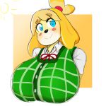  1:1 animal_crossing anthro big_breasts blue_eyes breasts canid canine canis clothed clothing domestic_dog female fur huge_breasts isabelle_(animal_crossing) mammal nintendo pencethehence solo topwear vest video_games yellow_body yellow_fur 