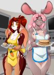  anthro apron apron_only big_breasts breasts cake carrot carrot_cake chalo clothed clothing colored contest curvy_figure duo edit female female/female food hi_res kitchen lagomorph las_lindas leporid mammal mostly_nude oven plant plate rabbit side_eye taffy_(las_lindas) thick_thighs tonyg79 vegetable voluptuous webcomic wide_hips 
