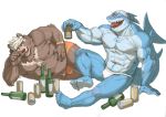  2020 absurd_res anthro asian_clothing barazoku blue_body brown_body brown_fur bulge clothing drunk duo east_asian_clothing fish fundoshi fur goro_(live-a-hero) hi_res humanoid_hands isaribi japanese_clothing kemono live-a-hero male mammal marine musclegut muscular muscular_male overweight overweight_male shark simple_background sitting substance_intoxication underwear ursid video_games white_background 