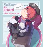  1girl absurdres beret candy food girls_frontline hat headphones highres jacket llpfmfc lollipop looking_at_viewer mp7_(girls_frontline) ponytail red_hair sitting solo speech_bubble yellow_eyes 