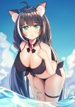  1girl :o absurdres ahoge alternate_breast_size animal_ear_fluff animal_ears bangs bent_over bikini black_bikini black_hair blue_sky blush breasts brooch cat_ears cat_girl cleavage cloud day eyebrows_visible_through_hair fang gem green_eyes hair_tie hand_on_own_chest hand_on_own_thigh highres jewelry karyl_(princess_connect!) large_breasts long_hair looking_at_viewer low_twintails multicolored_hair namuya_(dlcjfgns456) open_mouth outdoors princess_connect! sky slit_pupils solo streaked_hair swimsuit thigh_strap twintails very_long_hair water white_hair 