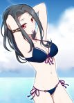  1girl 213 bikini black_bikini black_hair breasts cleavage hair_tie_in_mouth highres leaning_back mahouka_koukou_no_rettousei medium_breasts midriff mouth_hold navel red_eyes saegusa_mayumi solo swimsuit tying_hair 