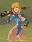  1girl artist_name barleyshake blonde_hair bodysuit breasts cleavage covered_navel covered_nipples english_commentary fallout_(series) fallout_4 hand_on_hip highres large_breasts pip_boy smile solo vault_girl yellow_eyes 