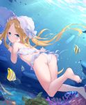  1girl abigail_williams_(fate/grand_order) abigail_williams_(swimsuit_foreigner)_(fate) ass bangs bare_shoulders bikini blonde_hair blue_eyes blush bonnet bow breasts fate/grand_order fate_(series) feet fish forehead hair_bow highres legs long_hair looking_at_viewer looking_back miniskirt navel parted_bangs poumi sidelocks skirt small_breasts swimming swimsuit twintails underwater very_long_hair white_bikini white_bow white_headwear 