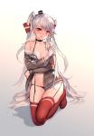  1girl amatsukaze_(kantai_collection) black_panties blush brown_dress brown_eyes dress garter_straps gloves hair_tubes hairband highres kantai_collection long_hair looking_at_viewer off_shoulder open_mouth panties sailor_dress short_dress silver_hair solo swd3e2 thighhighs two_side_up underwear white_gloves 