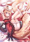 1girl animal_ear_fluff animal_ears arm_strap armpits arms_up blonde_hair bloomers blue_eyes blush breasts choker commentary_request dress eyebrows_visible_through_hair fox_ears fox_girl fox_tail hair_between_eyes halter_dress highres jewelry legs_up looking_at_viewer necklace open_mouth original red_dress ribbon sakura_ani short_hair small_breasts solo tail thigh_strap tiara underwear wrist_cuffs 