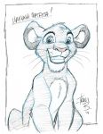  2014 blue_eyes disney felid feral fur grin hi_res lion looking_at_viewer male mammal pantherine round_ears signature simba simple_background sketch smile solo spot_color swahili_text text the_lion_king tom_bancroft traditional_media_(artwork) whiskers white_background 