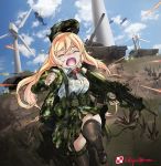  1girl aircraft arma_(series) arma_3 armored_vehicle artist_name assault_rifle blonde_hair bullpup camouflage camouflage_headwear camouflage_jacket camouflage_skirt caterpillar_tracks closed_eyes cloud commentary_request crying day f2000_(girls_frontline) fleeing fn_f2000 girls_frontline grass ground_vehicle gun handgun hat helicopter highres lolipantherwww long_hair military military_vehicle motor_vehicle open_mouth pistol rifle running see-through shirt skirt sky t-100_varsuk tank weapon wet wet_clothes wind_turbine windmill 