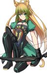  1girl animal_ears atalanta_(fate) black_footwear blonde_hair boots bow_(weapon) braid cat_ears cat_tail cleavage_cutout closed_mouth clothing_cutout fate/grand_order fate_(series) flat_chest french_braid gauntlets gradient_hair green_eyes green_hair holding holding_bow_(weapon) holding_weapon long_hair looking_at_viewer multicolored_hair one_knee puffy_short_sleeves puffy_sleeves shiseki_hirame short_sleeves simple_background solo tail thigh_boots thighhighs weapon white_background 