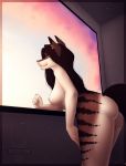 anthro breasts brown_body brown_fur brown_hair butt canid canine catherinemeow detailed_background ear_piercing female fur hair hi_res mammal multicolored_body multicolored_fur nipples piercing purple_eyes smile solo two_tone_body two_tone_fur white_body white_fur 