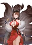  1girl absurdres akagi_(azur_lane) akagi_(blushing_intoxication)_(azur_lane) alternate_costume animal_ears azur_lane bangs bare_shoulders black_gloves blush breasts brown_eyes brown_hair champagne_flute choker cleavage cowboy_shot cup dress drinking_glass feather_boa fingerless_gloves fox_ears fox_girl fox_tail gloves halter_dress highres holding holding_cup large_breasts long_hair looking_at_viewer multiple_tails red_dress smile standing tail thighs tnr_(horiko1525) 