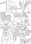  absurd_res anthro big_breasts breasts canid canine canis cervid clothed clothing comic duo english_text exposed_breasts female female/female genitals hair hi_res mammal monochrome nipples nude one_breast_out open_mouth panties_around_legs panties_pulled_down simple_background smile text threepaws tongue undressing wolf 