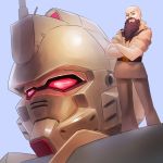  1boy bald beard brown_eyes commission cosmikaizer crossed_arms english_commentary facial_hair glowing glowing_eyes gundam gundam_08th_ms_team gundam_ez8 highres justinius_builds looking_down mecha military military_uniform real_life red_eyes second-party_source solo standing uniform 