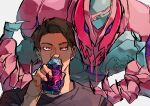  1boy bbbb_fex brown_hair dual_persona fingernails glowing glowing_eyes henshin highres igarashi_ikki kamen_rider kamen_rider_revi kamen_rider_revice looking_at_viewer male_focus open_hands pink_armor pink_eyes red_eyes rex_genome sharp_fingernails sharp_teeth teeth upper_body vistamp white_background 