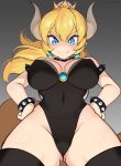  1girl absurdres black_collar black_legwear black_leotard blonde_hair bowsette bracelet closed_mouth collar covered_navel earrings eyebrows_visible_through_hair fang fang_out from_below highleg highleg_leotard highres hioyami horns jewelry leotard long_hair looking_at_viewer mario_(series) new_super_mario_bros._u_deluxe pointy_ears smile solo spiked_armlet spiked_bracelet spiked_collar spiked_shell spikes strapless strapless_leotard super_crown tail thighhighs 