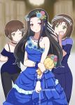  213 3girls black_hair blue_dress bouquet breasts brown_hair cleavage dress flower green_eyes highres holding holding_bouquet looking_at_another looking_to_the_side mahouka_koukou_no_rettousei multiple_girls one_eye_closed red_eyes saegusa_izumi saegusa_kasumi saegusa_mayumi siblings sisters 