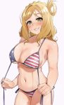  1girl american_flag american_flag_print bikini bikini_pull blonde_hair blush braid breasts cleavage crown_braid flag_print green_eyes hair_rings halterneck highres igarashi_kyouhei large_breasts long_hair looking_at_viewer love_live! love_live!_sunshine!! navel ohara_mari side-tie_bikini simple_background smile solo string_bikini swimsuit untied untied_bikini 