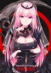  1girl black_dress breasts cleavage death_(entity) detached_sleeves dress eyebrows_visible_through_hair grim_reaper highres hololive hololive_english kie_(yospcd) large_breasts long_hair looking_at_viewer mori_calliope pink_eyes pink_hair scythe smile solo tiara veil virtual_youtuber 